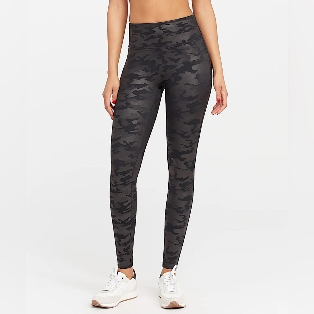 SPANX Faux Leather Matte Black Camo High Waisted Leggings Tummy + Booty Shaping